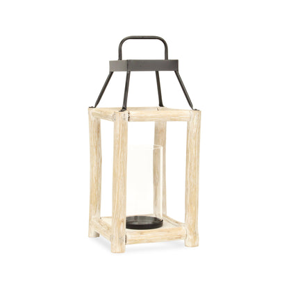 18" Black And Natural Distressed Glass Metal And Wood Tabletop Lantern Candle Holder - Loft&Timber
