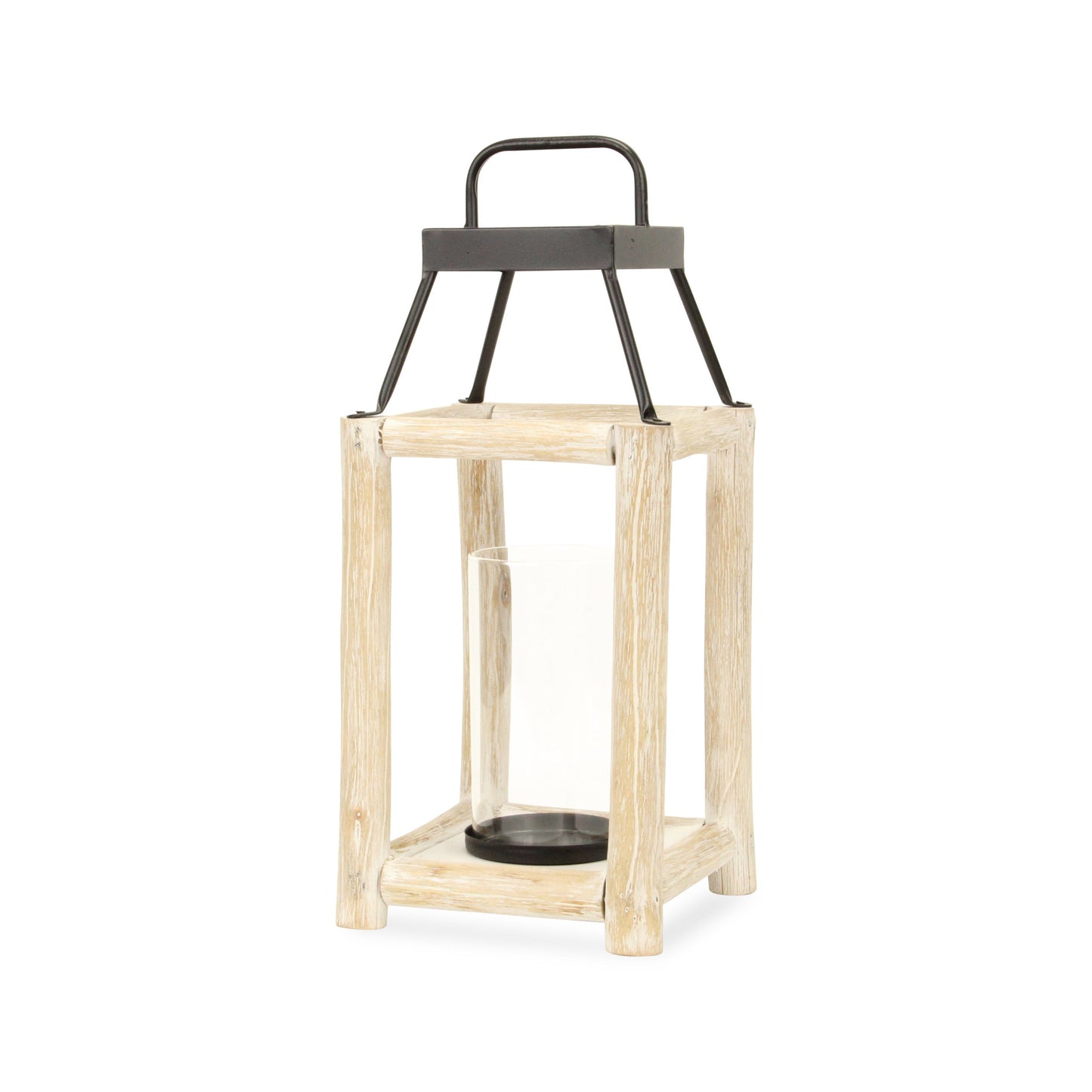 18" Black And Natural Distressed Glass Metal And Wood Tabletop Lantern Candle Holder - Loft&Timber