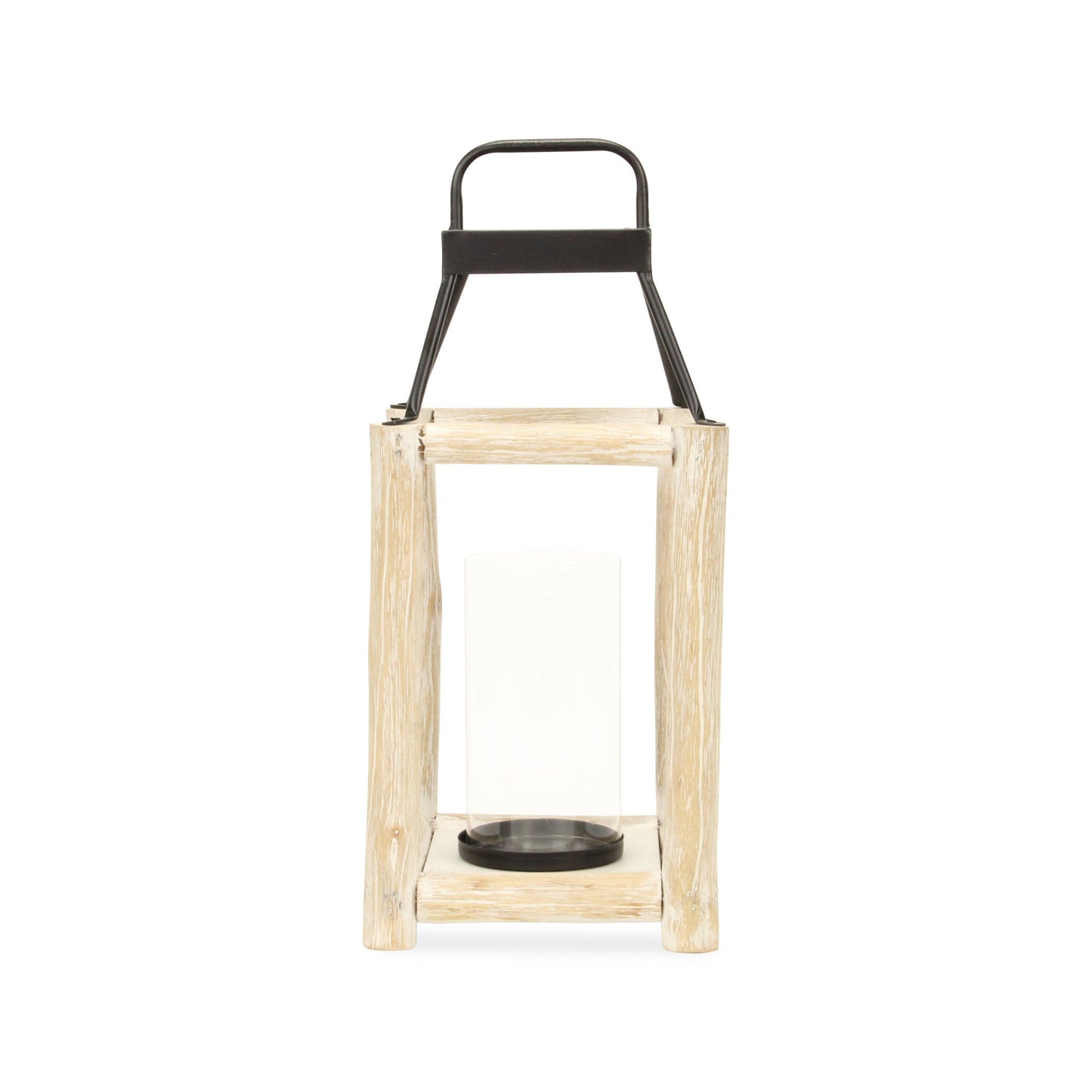 18" Black And Natural Distressed Glass Metal And Wood Tabletop Lantern Candle Holder - Loft&Timber