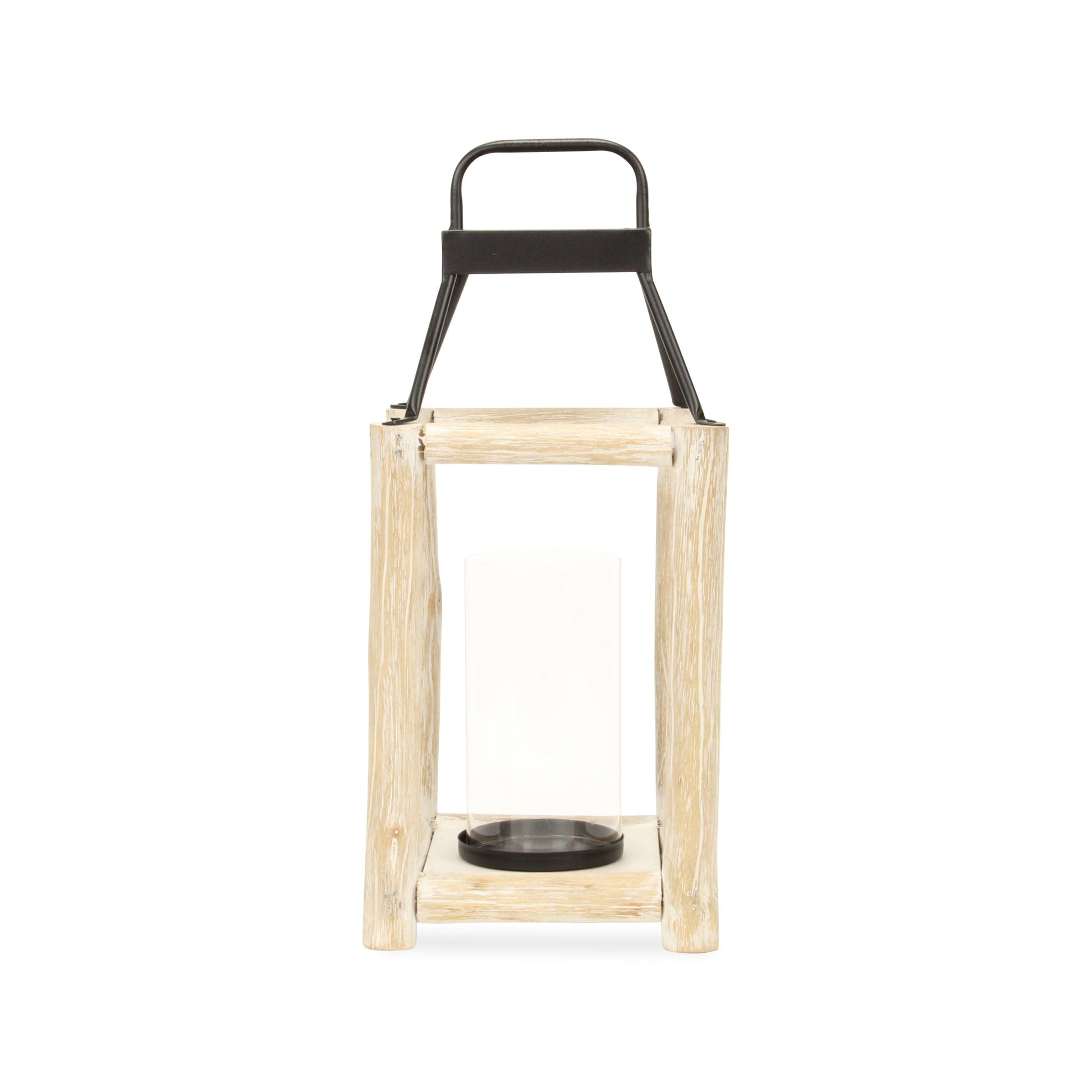 18" Black And Natural Distressed Glass Metal And Wood Tabletop Lantern Candle Holder - Loft&Timber