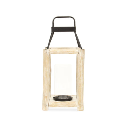 18" Black And Natural Distressed Glass Metal And Wood Tabletop Lantern Candle Holder - Loft&Timber