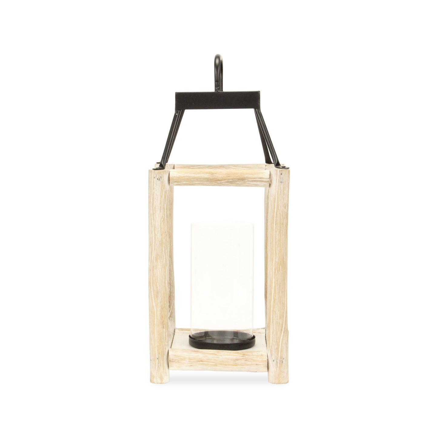 18" Black And Natural Distressed Glass Metal And Wood Tabletop Lantern Candle Holder - Loft&Timber