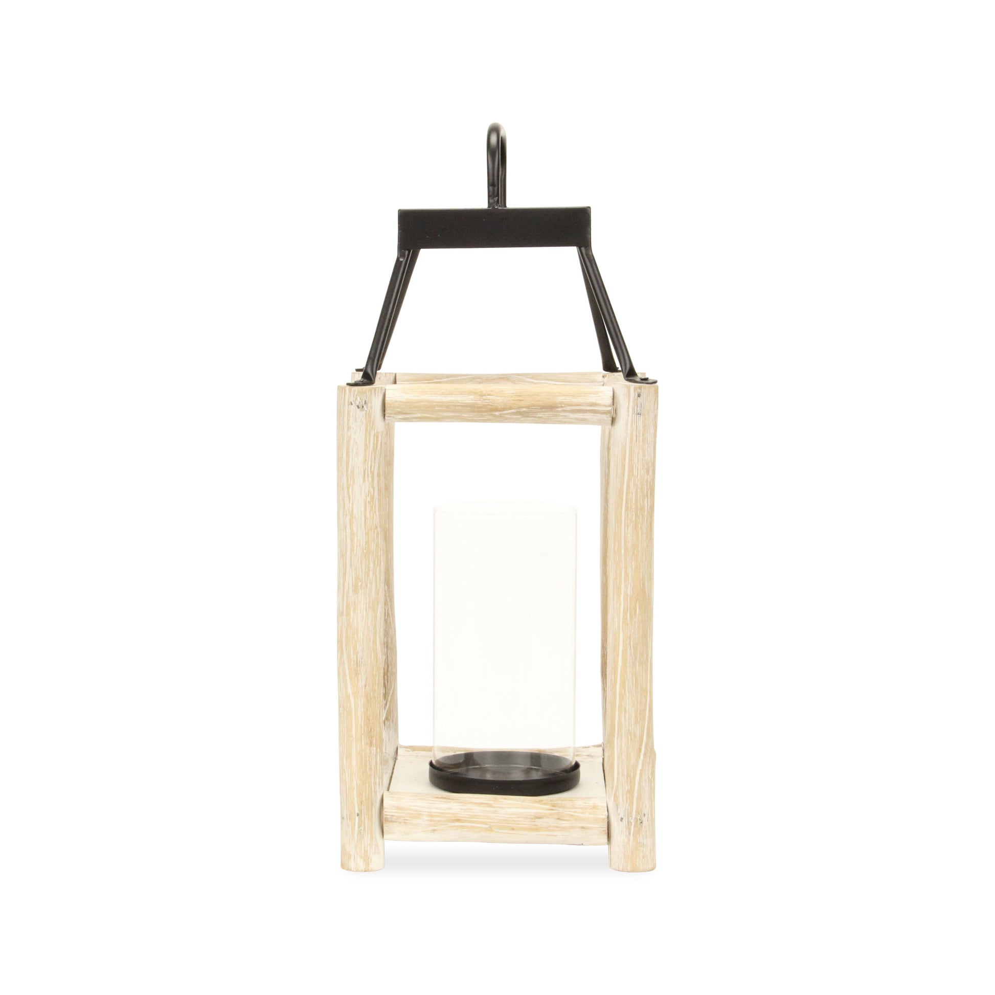 18" Black And Natural Distressed Glass Metal And Wood Tabletop Lantern Candle Holder - Loft&Timber