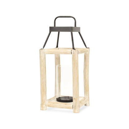 18" Black And Natural Distressed Glass Metal And Wood Tabletop Lantern Candle Holder - Loft&Timber