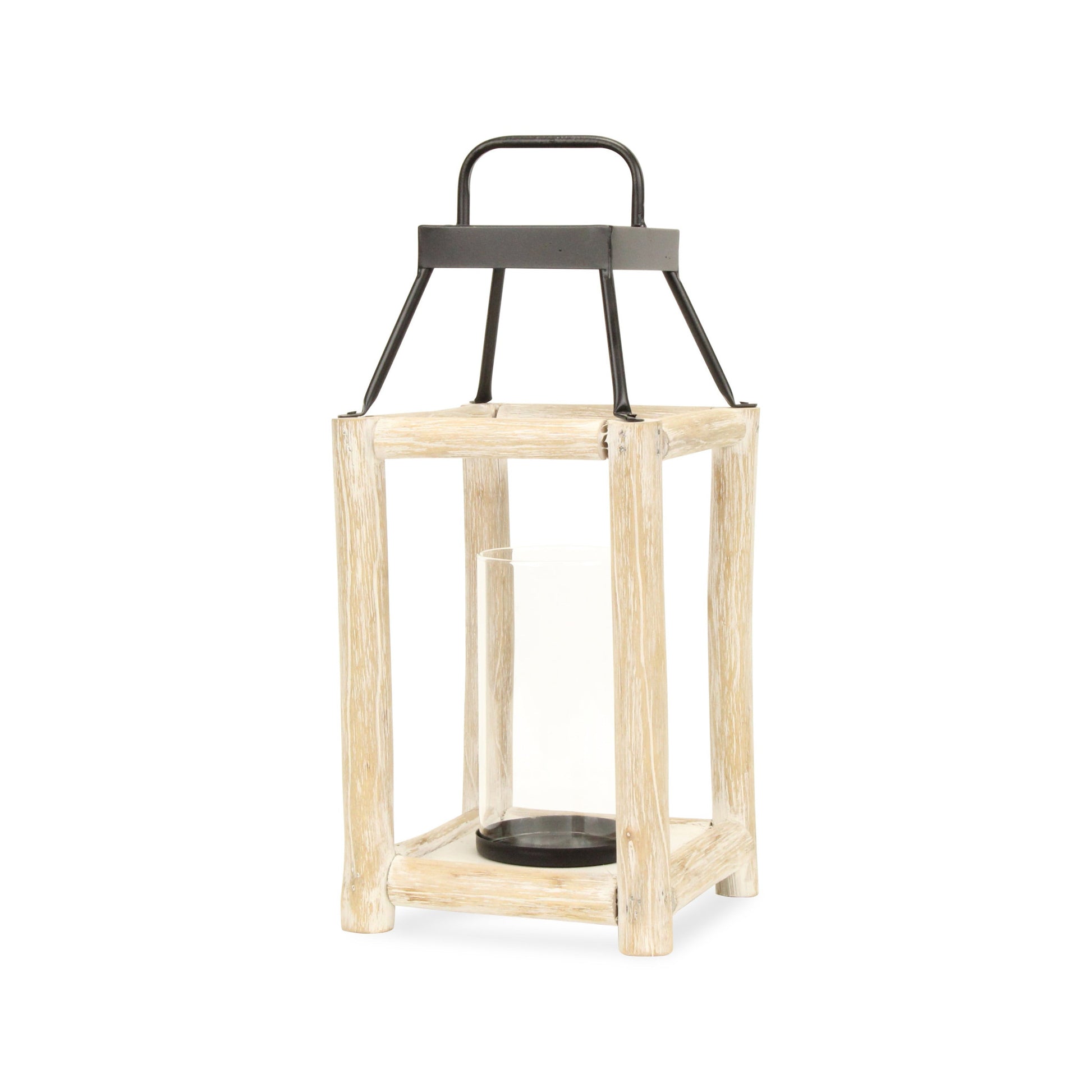 18" Black And Natural Distressed Glass Metal And Wood Tabletop Lantern Candle Holder - Loft&Timber