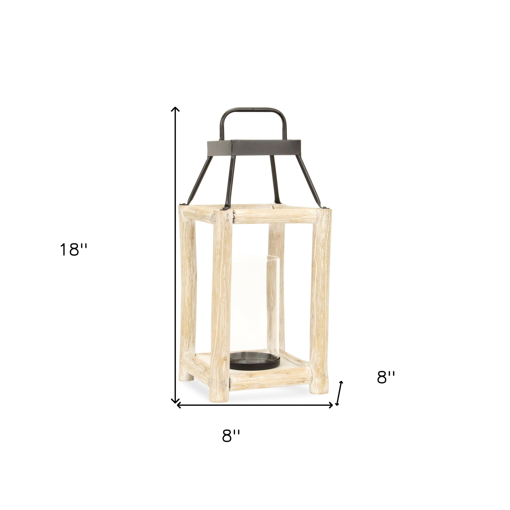 18" Black And Natural Distressed Glass Metal And Wood Tabletop Lantern Candle Holder - Loft&Timber