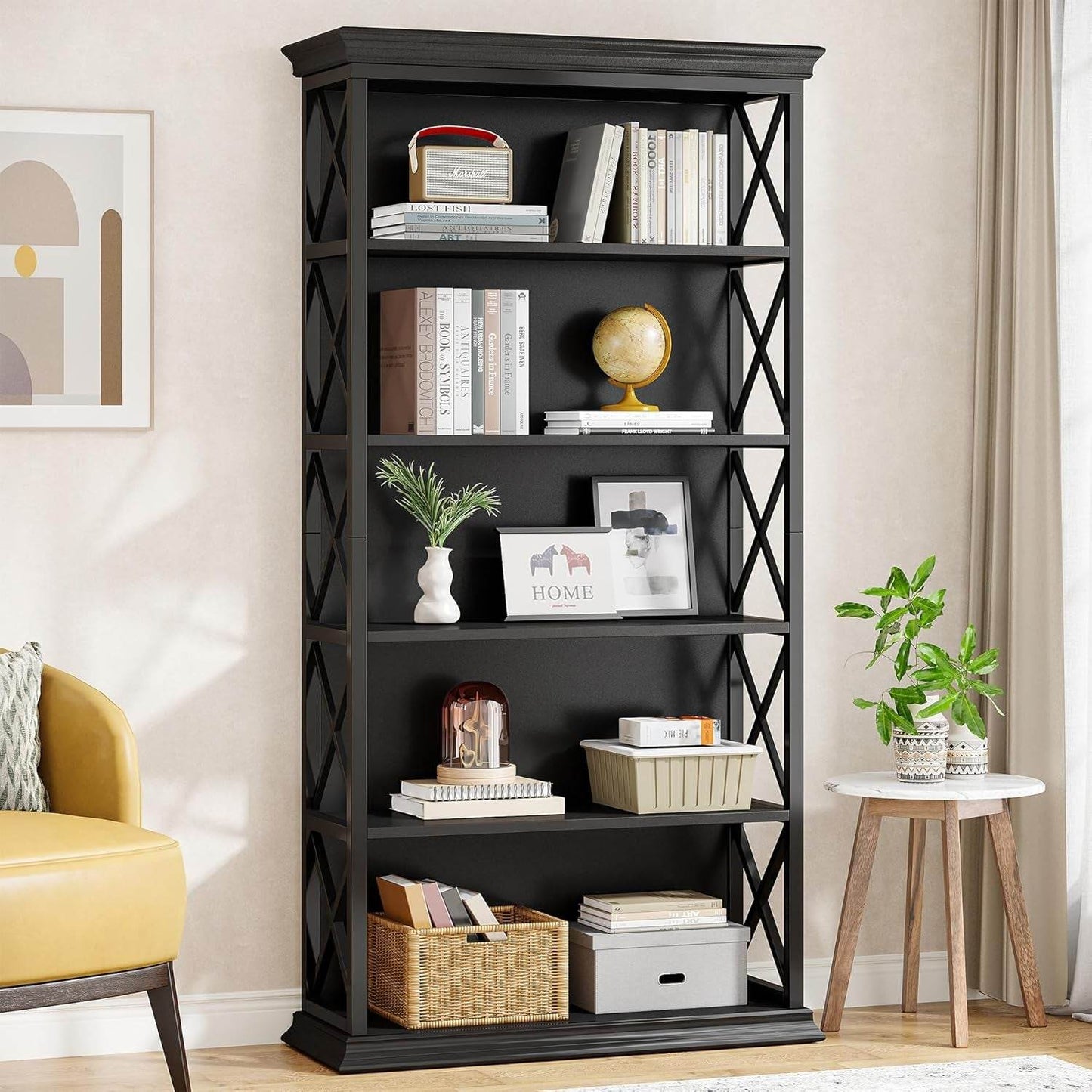 6-Tier Bookcase, 71 Inches Industrial Bookshelve, All Black - Loft&Timber