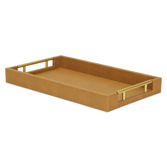 16" Camel Brown Wood Faux Shagreen Serving Tray With Handles - Loft&Timber