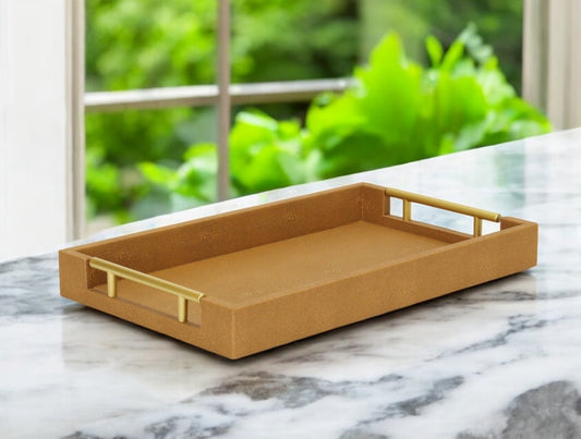 16" Camel Brown Wood Faux Shagreen Serving Tray With Handles - Loft&Timber