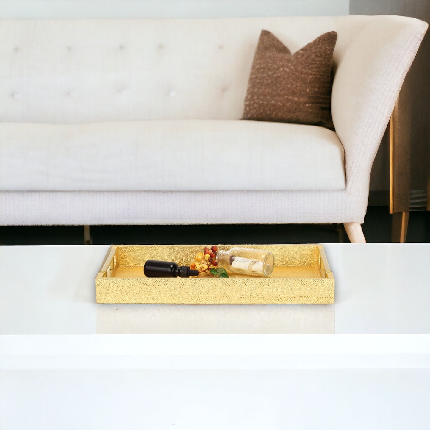 16" Gold Wood Geometric Serving Tray With Handles - Loft&Timber