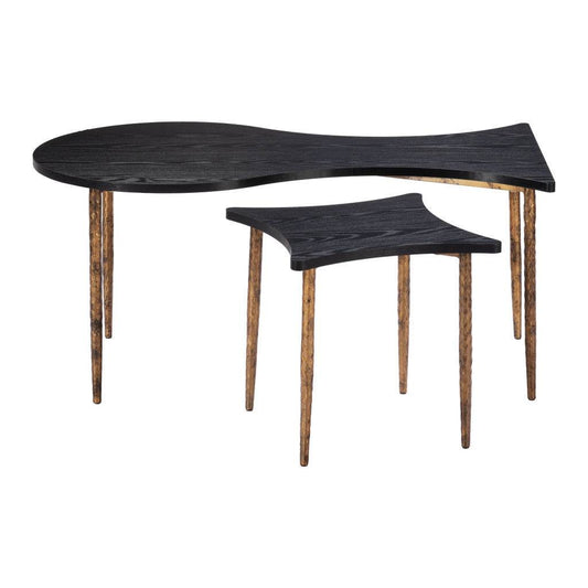 Set of Two Black and Bronze Wood and Steel Free Form Coffee And End Table - Loft&Timber