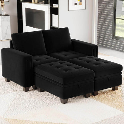 Velvet Modular Sectional Sofa Couch with Storage Convertible Sectional Sleeper Sofa Couch Bed Set with Reversible Chaise Black - Loft&Timber