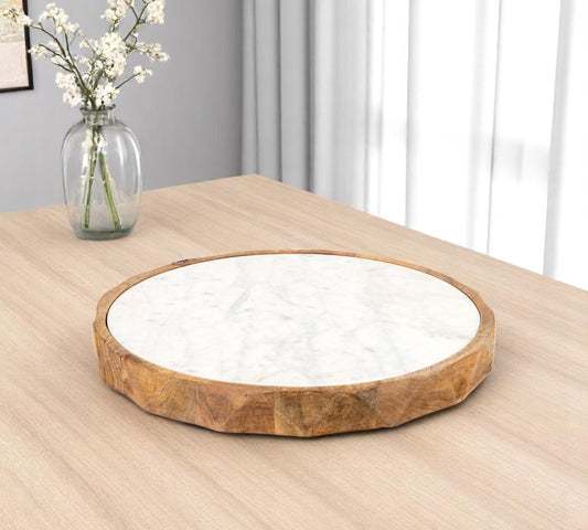 15" Brown And White Marble And Solid Wood Round Cheese Board - Loft&Timber