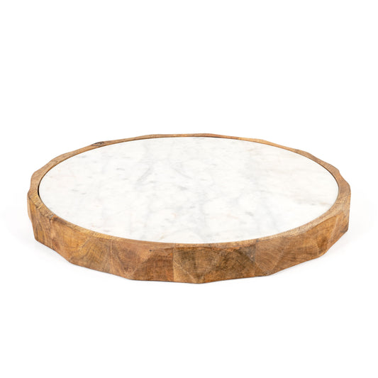 15" Brown And White Marble And Solid Wood Round Cheese Board - Loft&Timber