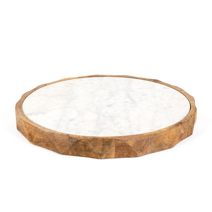 15" Brown And White Marble And Solid Wood Round Cheese Board - Loft&Timber