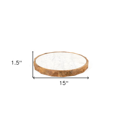 15" Brown And White Marble And Solid Wood Round Cheese Board - Loft&Timber