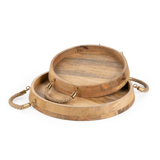 Set of Two Brown Round Solid Wood Serving Trays With Handles - Loft&Timber