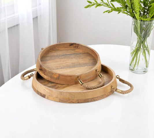 Set of Two Brown Round Solid Wood Serving Trays With Handles - Loft&Timber