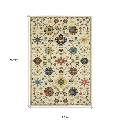 2' X 3' Ivory And Gold Oriental Area Rug With Fringe - Loft&Timber