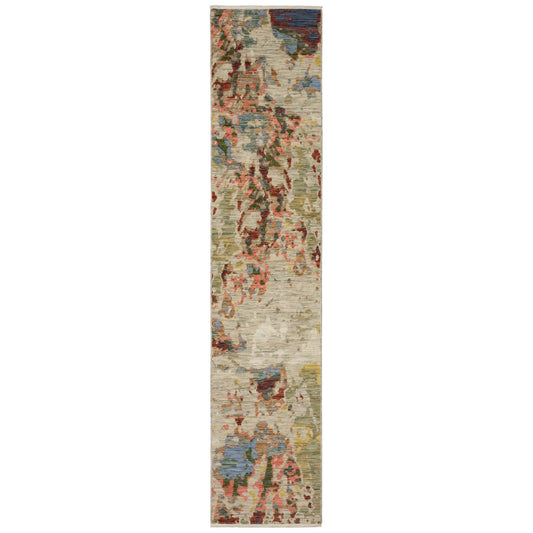 12' Beige Pink And Yellow Abstract Runner Rug With Fringe - Loft&Timber
