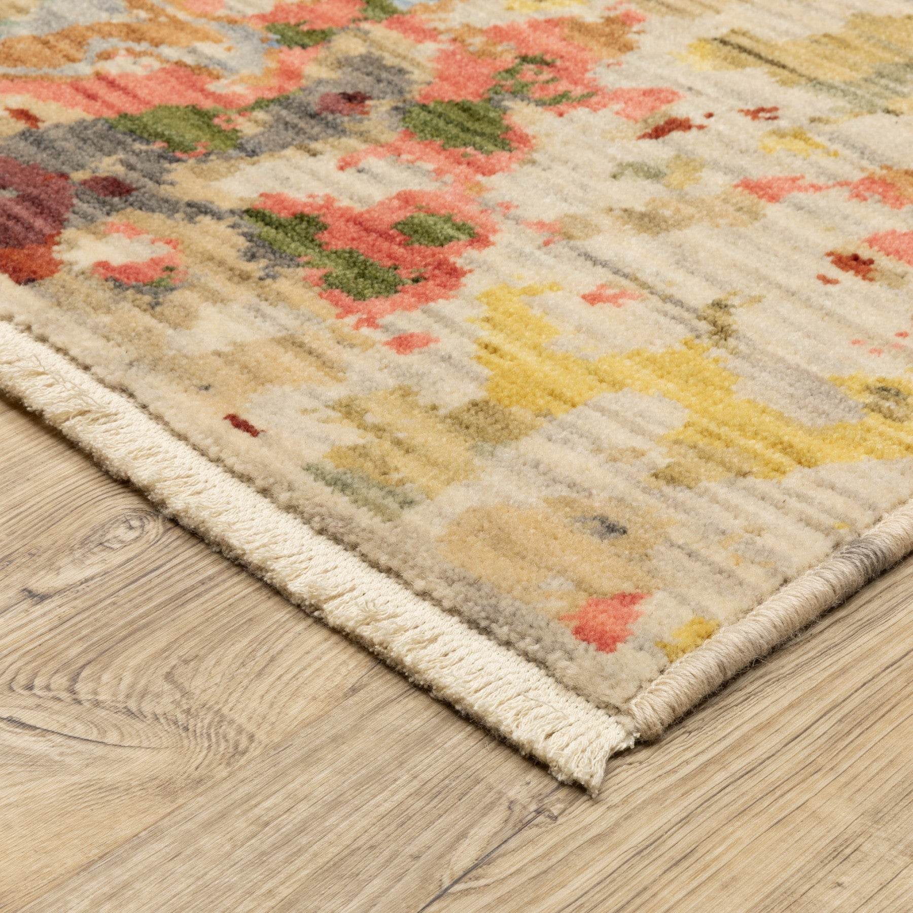 12' Beige Pink And Yellow Abstract Runner Rug With Fringe - Loft&Timber