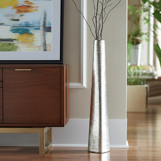 40" Silver Striped Tapered Ceramic Floor Vase - Loft&Timber
