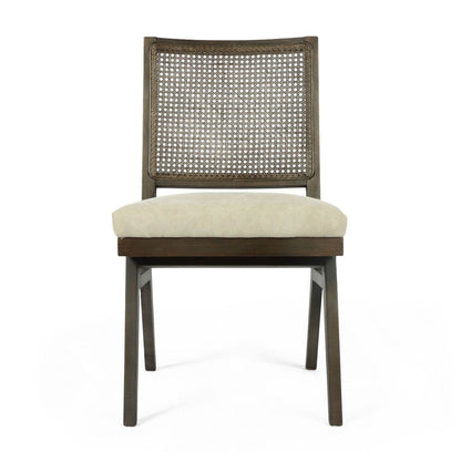 Set of Two Dark Brown And Gray Wood Cane And Upholstery Dining Side Chairs - Loft&Timber