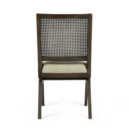 Set of Two Dark Brown And Gray Wood Cane And Upholstery Dining Side Chairs - Loft&Timber