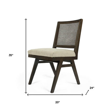 Set of Two Dark Brown And Gray Wood Cane And Upholstery Dining Side Chairs - Loft&Timber