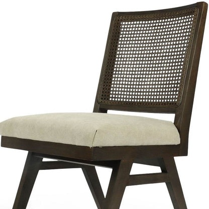 Set of Two Dark Brown And Gray Wood Cane And Upholstery Dining Side Chairs - Loft&Timber