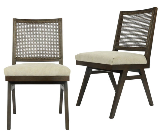 Set of Two Dark Brown And Gray Wood Cane And Upholstery Dining Side Chairs - Loft&Timber