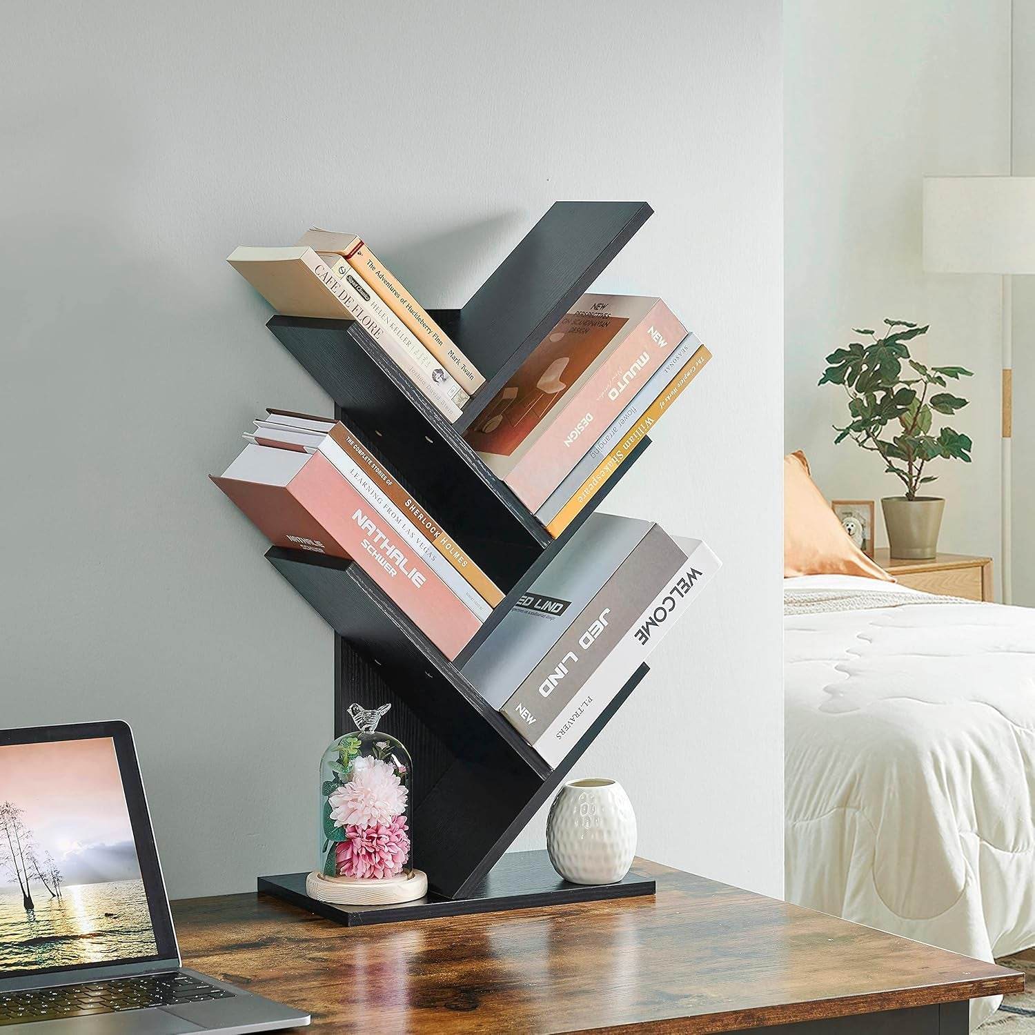 4 Tier Tree Bookshelf, 4 Shelf Bookcase, Free Standing Tree Bookcase, Display Floor Standing Shelf for Books, Book Organizer Shelves for Home Office, Living Room, Bedroom, Black - Loft&Timber