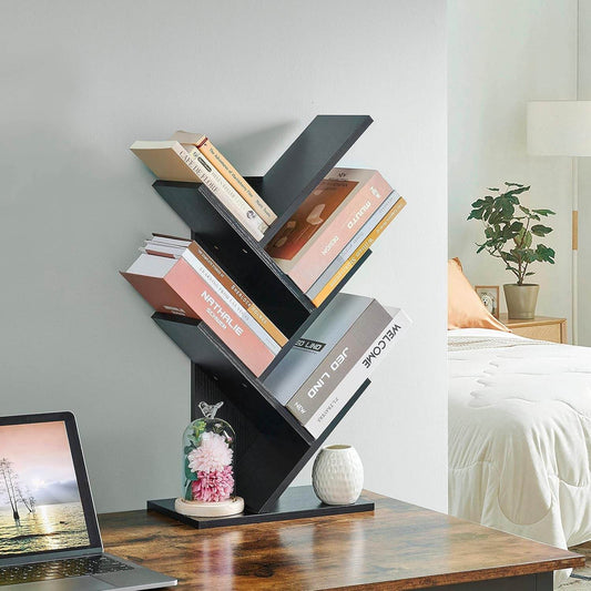 4 Tier Tree Bookshelf, 4 Shelf Bookcase, Free Standing Tree Bookcase, Display Floor Standing Shelf for Books, Book Organizer Shelves for Home Office, Living Room, Bedroom, Black - Loft&Timber