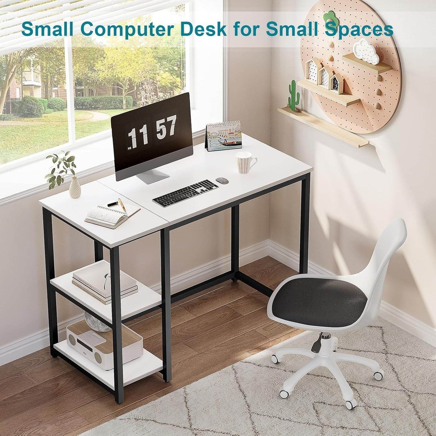 Computer Desk 40 Inches with 2-Tier Shelves in White - Loft&Timber