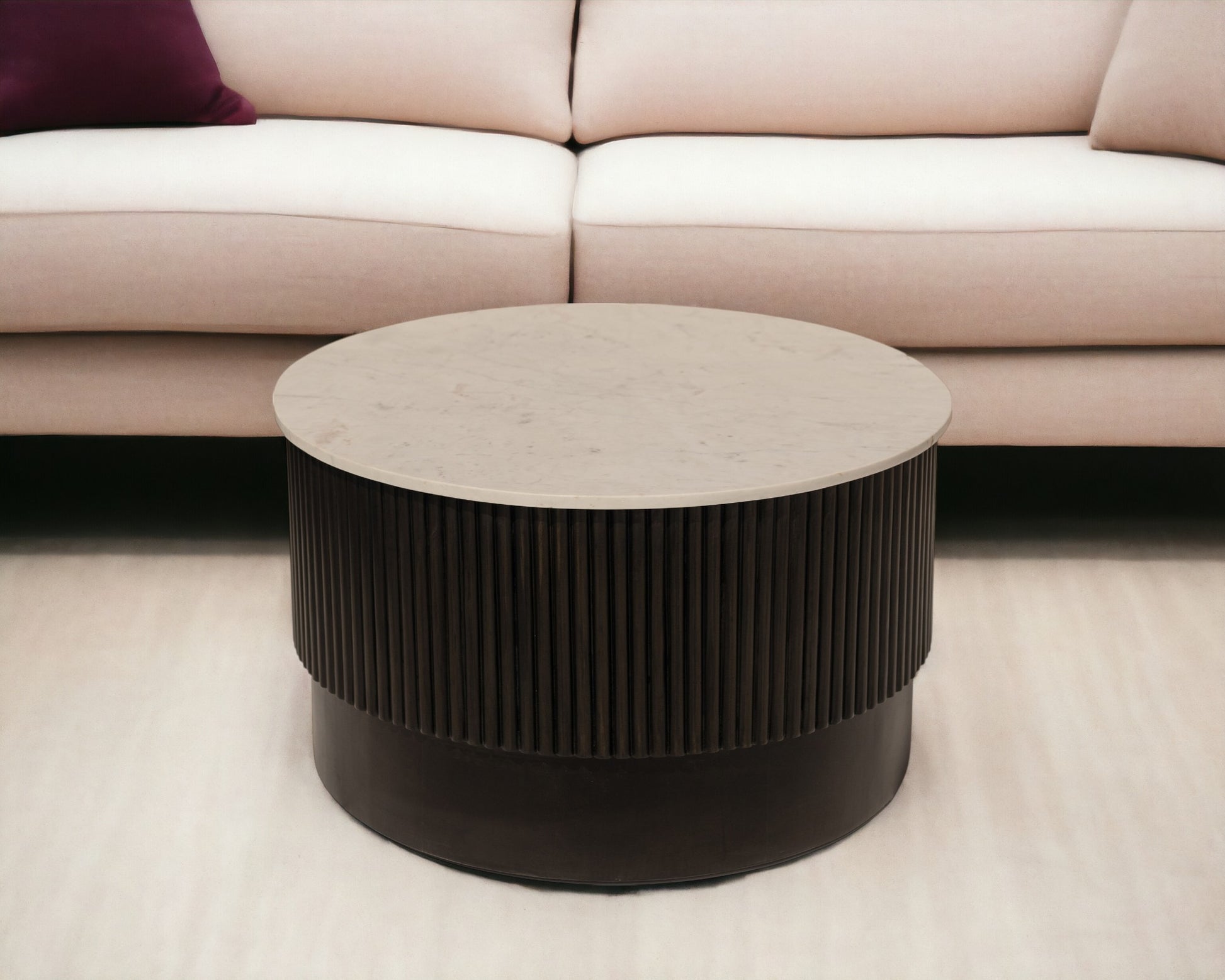 31" White And Dark Brown Genuine Marble And Solid Wood Round Drum Coffee Table - Loft&Timber