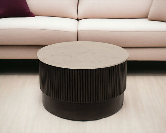 31" White And Dark Brown Genuine Marble And Solid Wood Round Drum Coffee Table - Loft&Timber