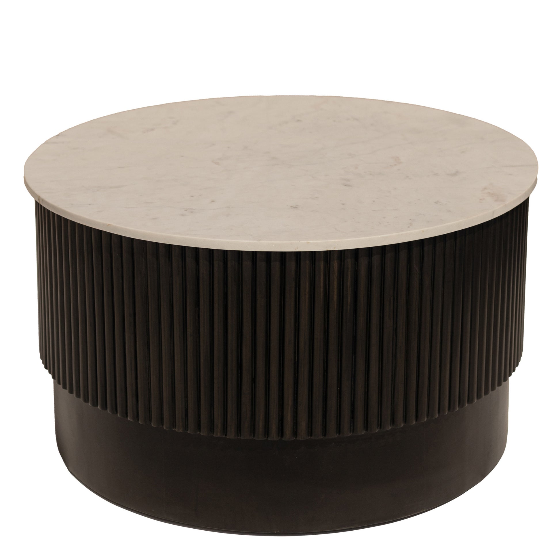 31" White And Dark Brown Genuine Marble And Solid Wood Round Drum Coffee Table - Loft&Timber