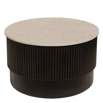 31" White And Dark Brown Genuine Marble And Solid Wood Round Drum Coffee Table - Loft&Timber