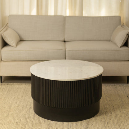 31" White And Dark Brown Genuine Marble And Solid Wood Round Drum Coffee Table - Loft&Timber