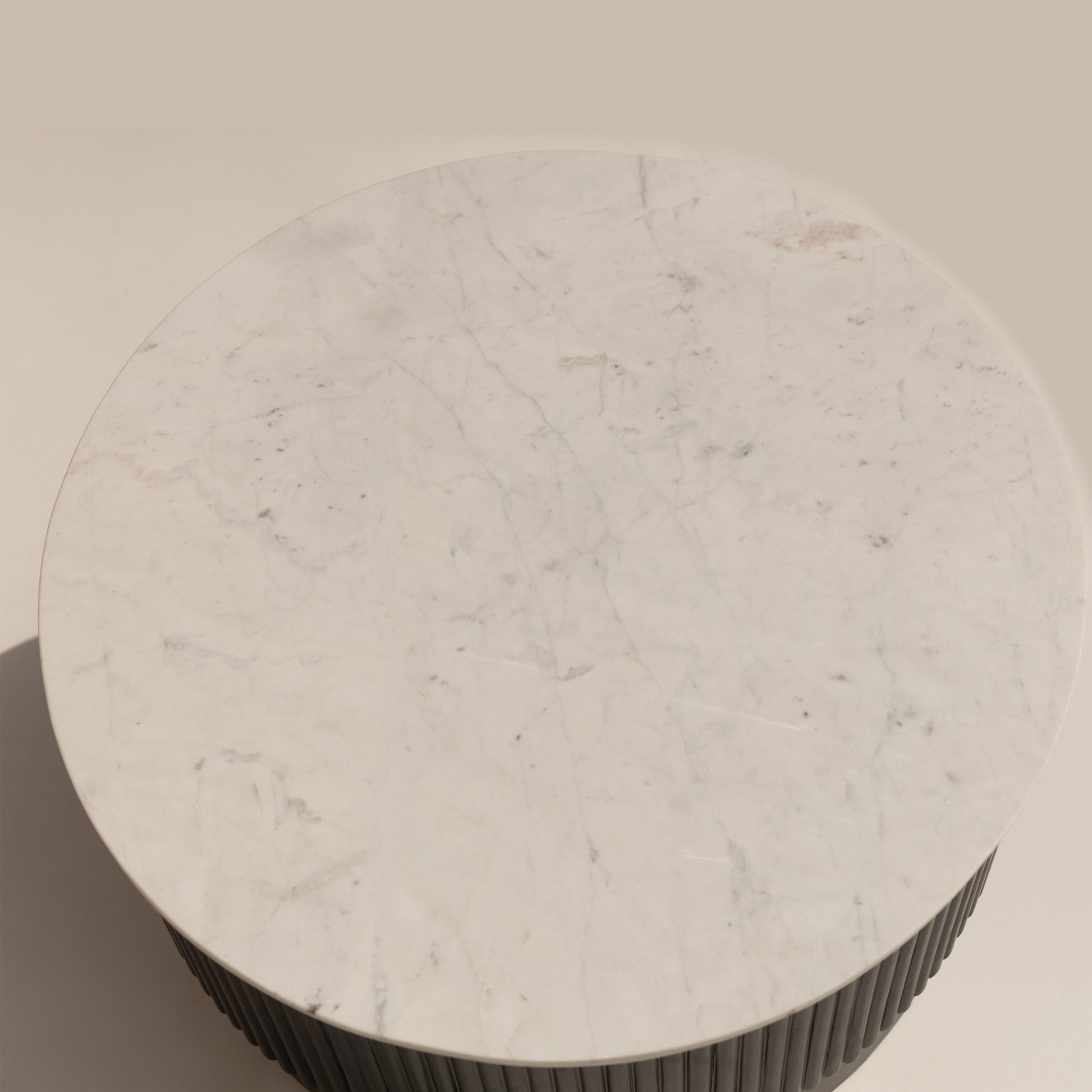 31" White And Dark Brown Genuine Marble And Solid Wood Round Drum Coffee Table - Loft&Timber