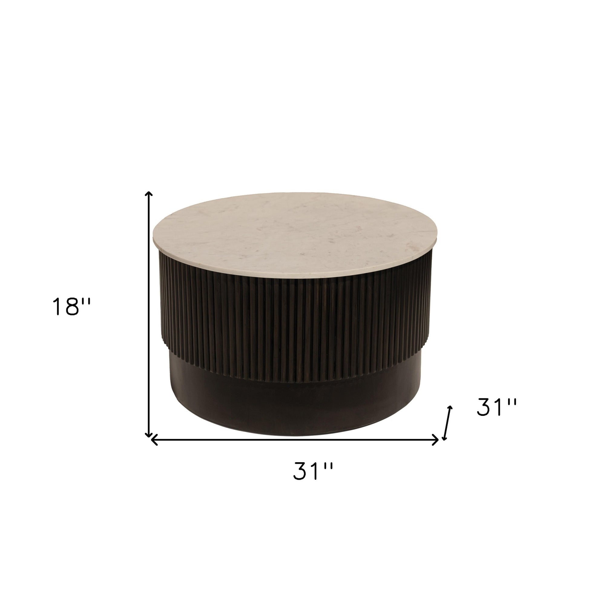 31" White And Dark Brown Genuine Marble And Solid Wood Round Drum Coffee Table - Loft&Timber
