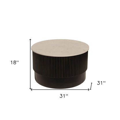 31" White And Dark Brown Genuine Marble And Solid Wood Round Drum Coffee Table - Loft&Timber