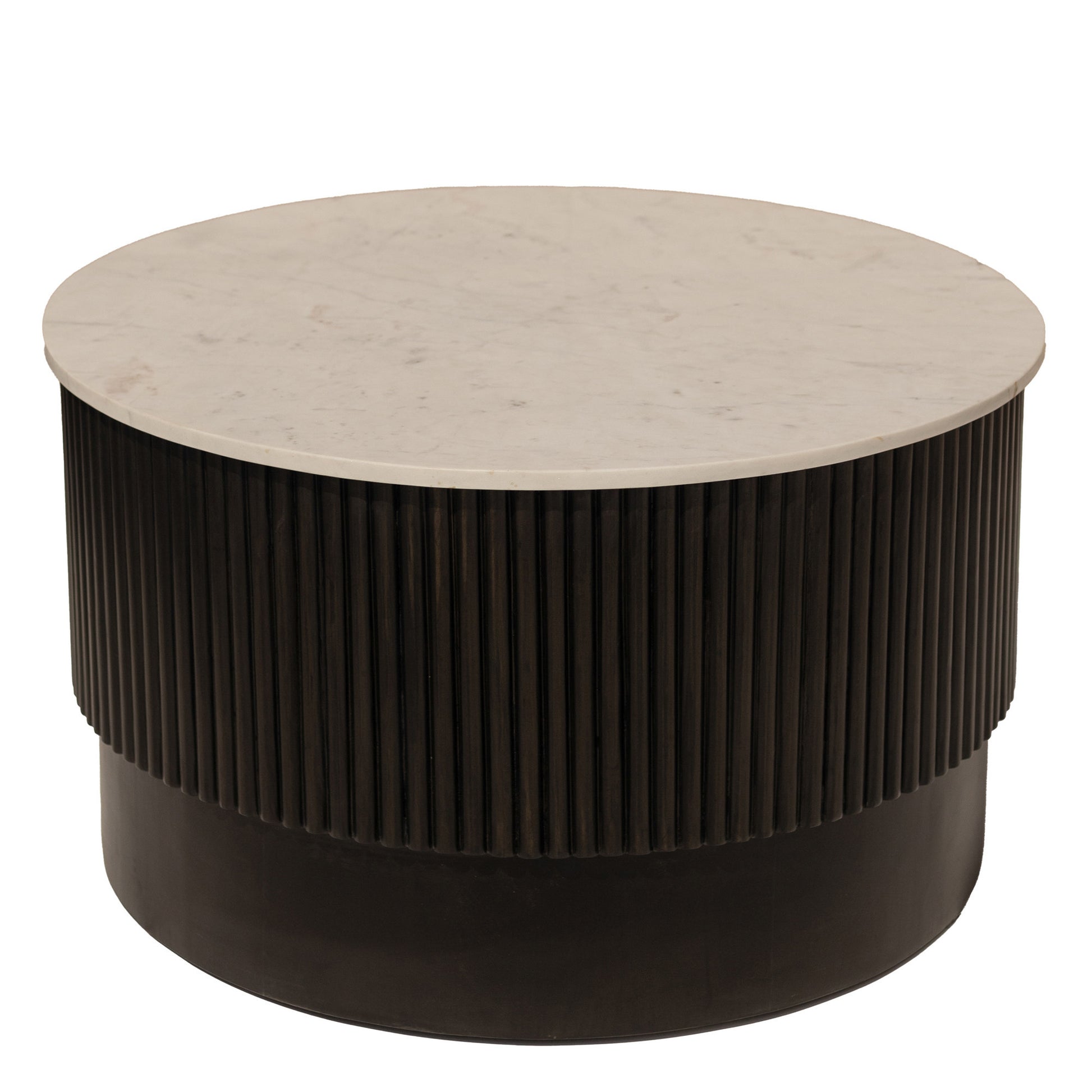 31" White And Dark Brown Genuine Marble And Solid Wood Round Drum Coffee Table - Loft&Timber
