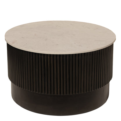 31" White And Dark Brown Genuine Marble And Solid Wood Round Drum Coffee Table - Loft&Timber