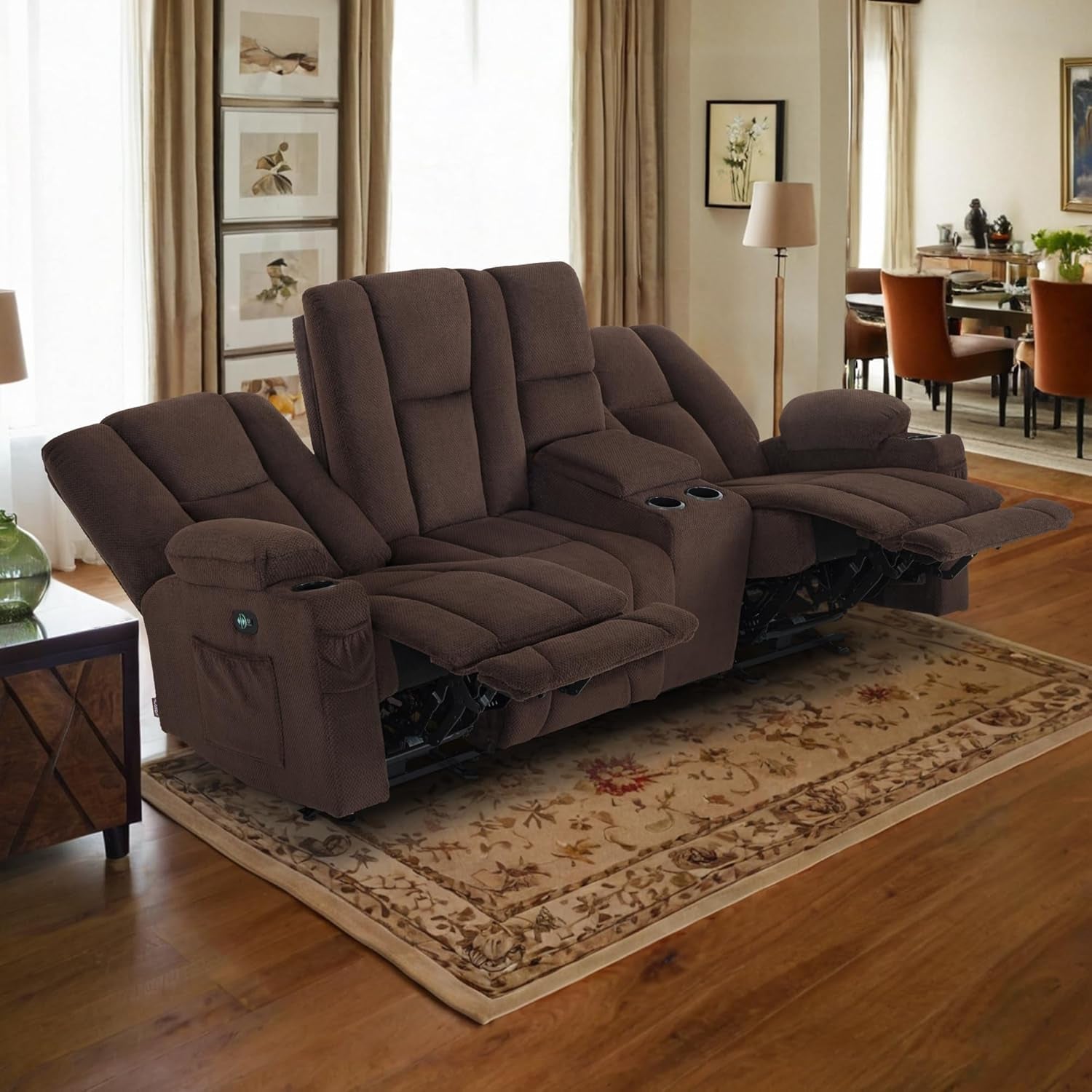 Power Reclining Sofa with Heat and Vibration,Usb Ports, Cup Holders,3-Seat Dual Recliner Sofa with Console for Living Room 6035 (Brown)-1