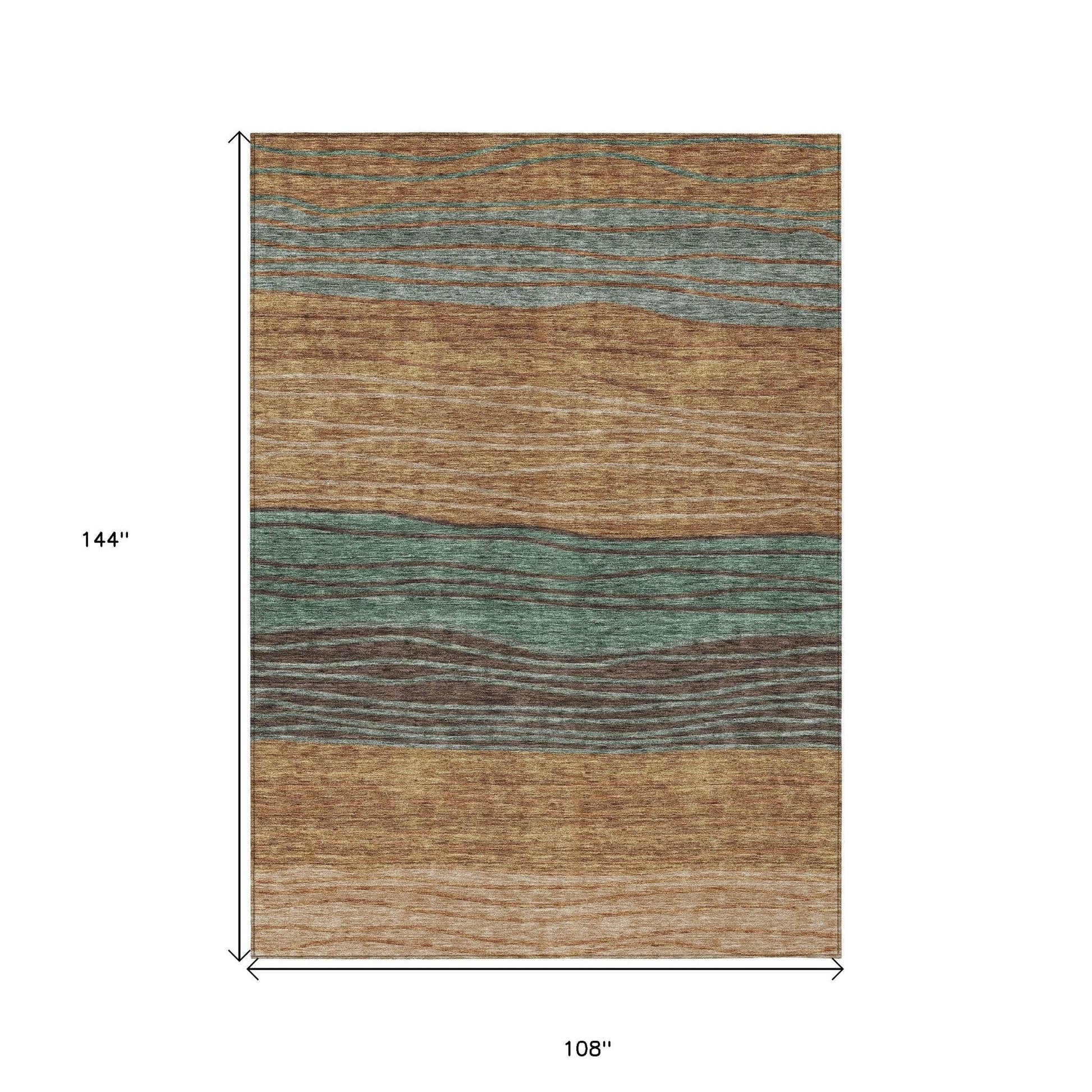 9' X 12' Terra Cotta Copper And Beige Striped Washable Indoor Outdoor Area Rug - Loft&Timber