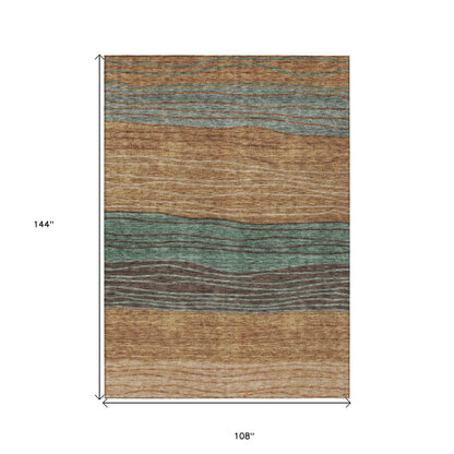 9' X 12' Terra Cotta Copper And Beige Striped Washable Indoor Outdoor Area Rug - Loft&Timber