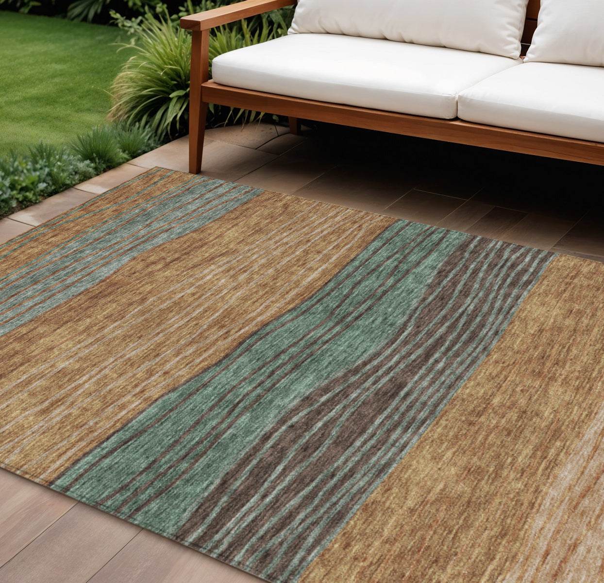 9' X 12' Terra Cotta Copper And Beige Striped Washable Indoor Outdoor Area Rug - Loft&Timber