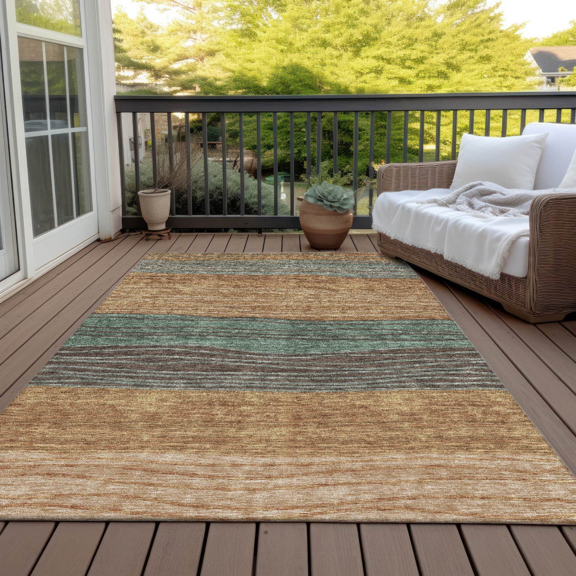 9' X 12' Terra Cotta Copper And Beige Striped Washable Indoor Outdoor Area Rug - Loft&Timber