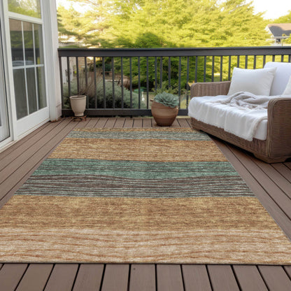 9' X 12' Terra Cotta Copper And Beige Striped Washable Indoor Outdoor Area Rug - Loft&Timber